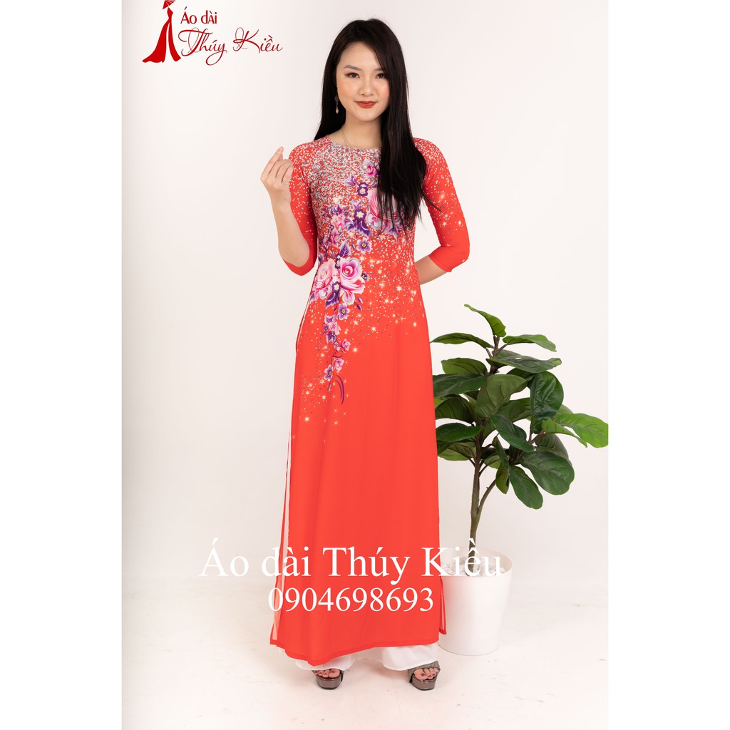 Áo dài Thúy Kiều in 3D lụa Nhật đỏ họa tiết hoa tím hồng K41