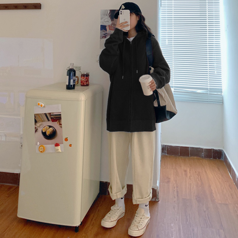 Áo Hoodie Dáng Rộng Màu Trơn Thiết Kế Đơn Giản Cho Nữ