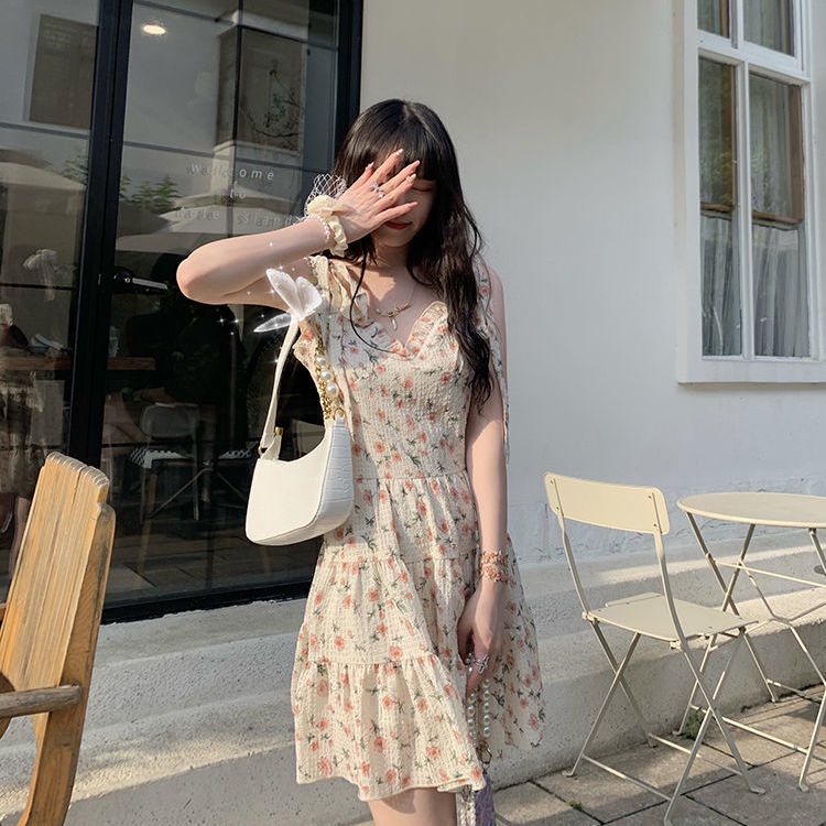 Đầm hoa hai dây cổ chữ V thời trang mùa hè cho nữ