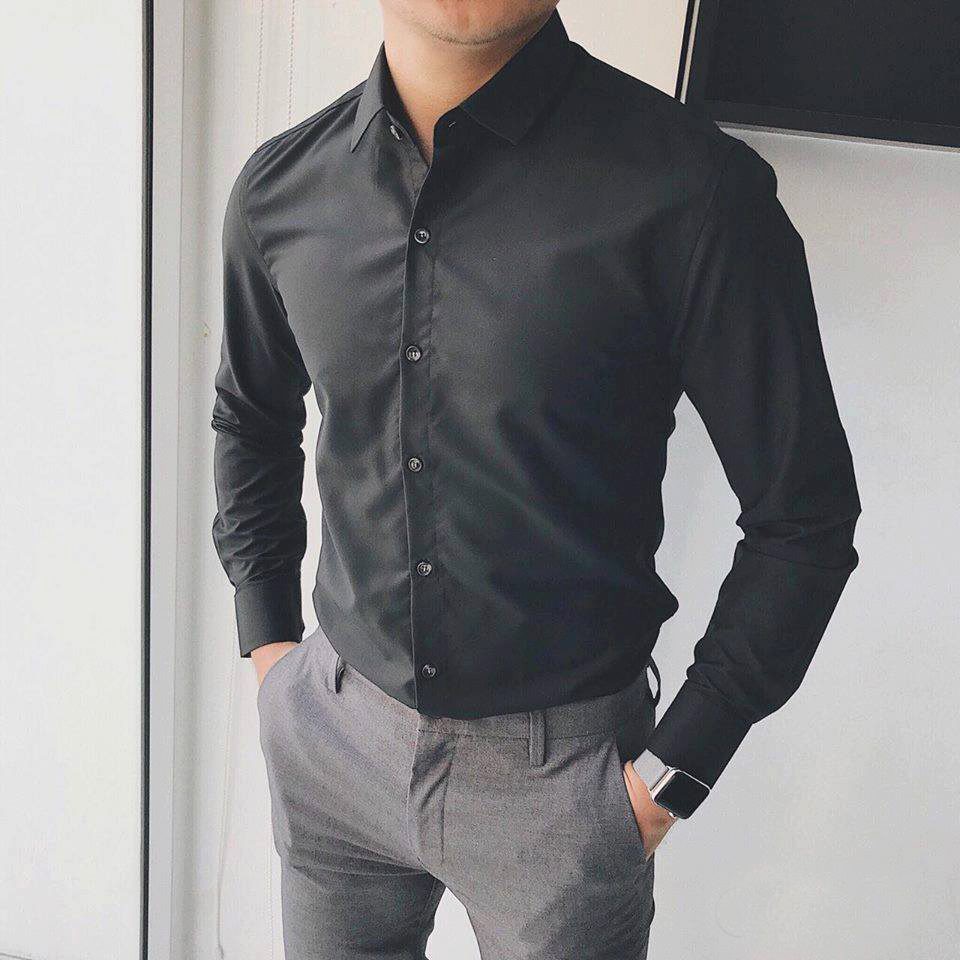 Áo Sơ Mi Nam Đen Cotton Cool V2 cao cấp, chất liệu cotton gân chéo thấm hút mồ hôi tốt