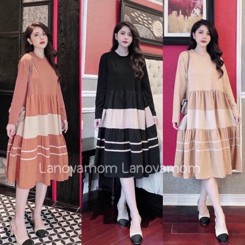 Váy bầu cotton dài tay THU ĐÔNG xếp tầng sang chảnh mặc đi làm đi chơi đều đẹp V244