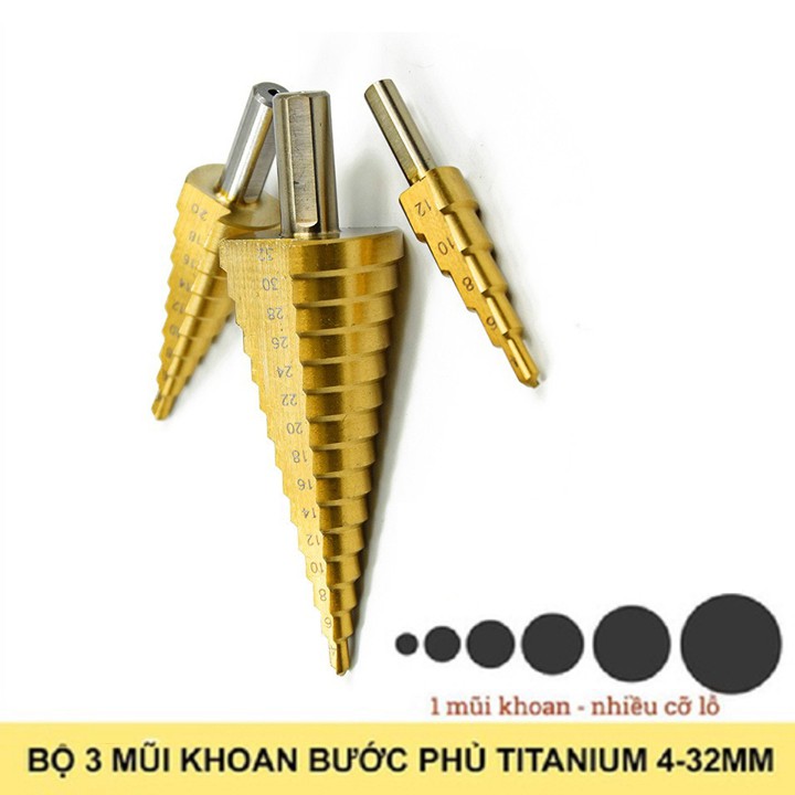 Bộ 3 mũi khoan tháp thẳng 4-32mm - mũi khoan bước - mũi khoan tầng