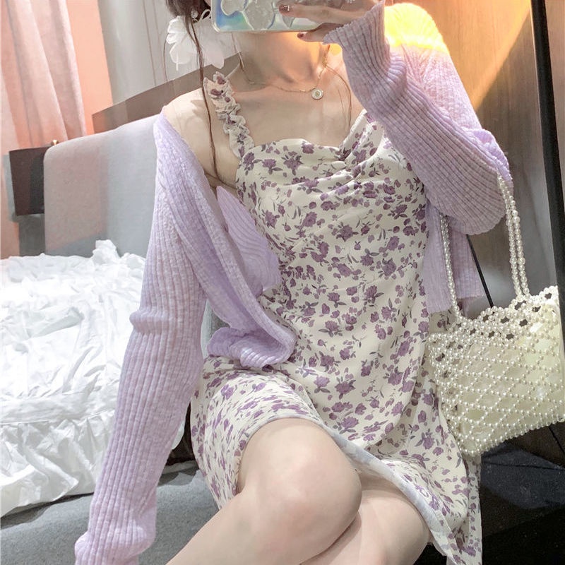 Set Đầm Hai Dây + Áo Khoác Cardigan Dệt Kim Hoạ Tiết Hoa Thời Trang Mùa Hè Dành Cho Nữ