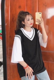 Áo viền cổ tim hai màu
