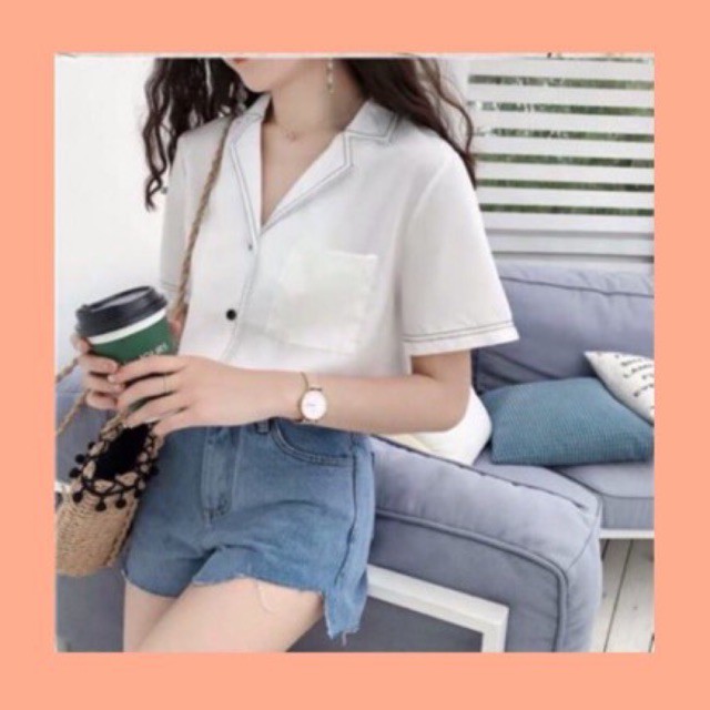 Thanh lý/ pass LOCAL BRAND  áo sơ mi croptop trắng chỉ nổi viền màu đen SugarbySu