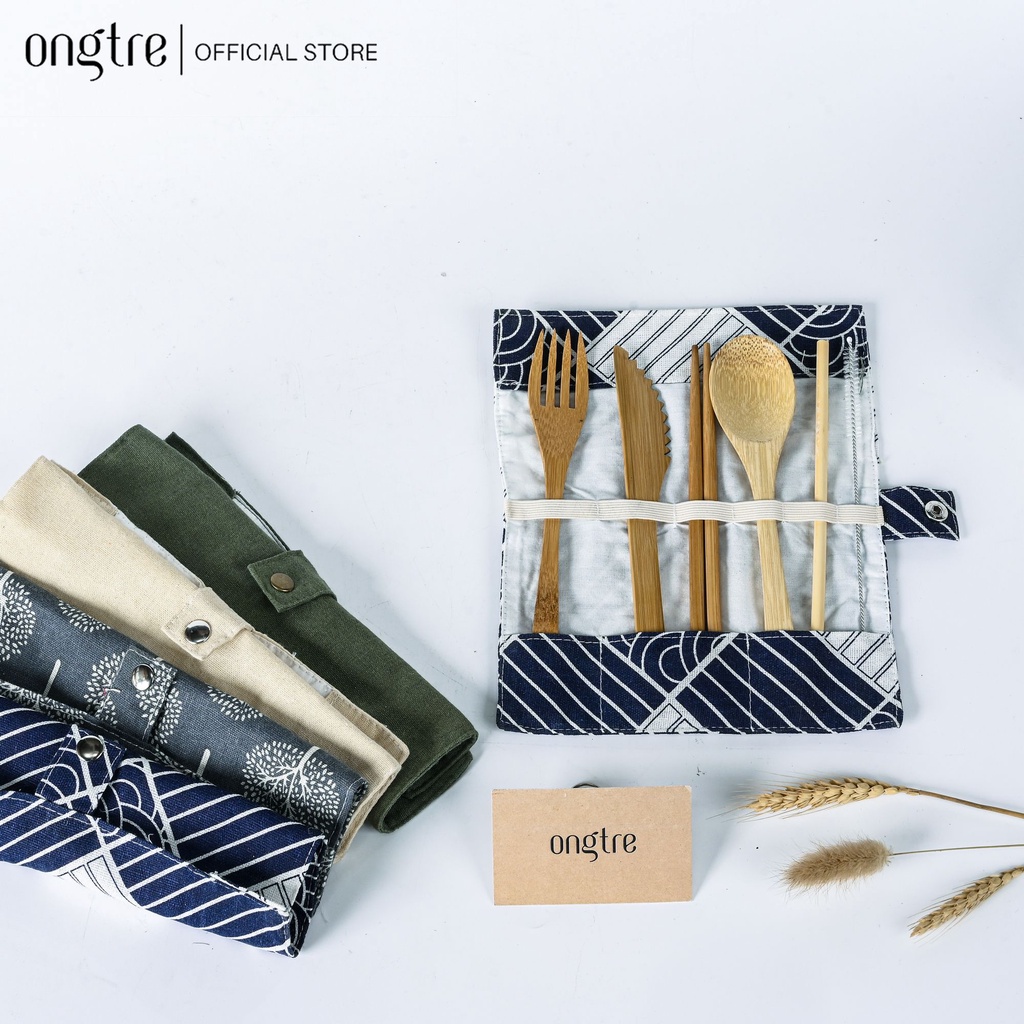 Set 7 món Tre (dao, muỗng, nĩa, đũa, cọ rửa, túi vải) du lịch tiện lợi (Bamboo Travel Utensil Pouch) | ongtre® (Vietnam)