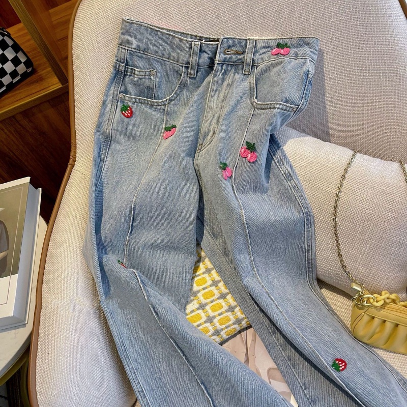 Quần Jean Ống Rộng Lưng Cao Thêu Họa Tiết Ba Chiều Thời Trang Mùa Thu 2022 Mới Cho Nữ