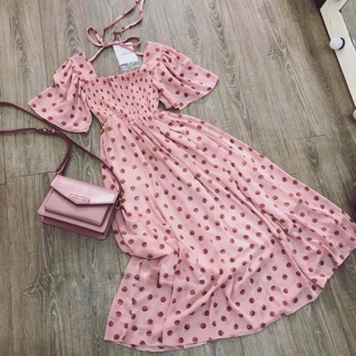 VÁY MAXI CHẤM BI HỒNG