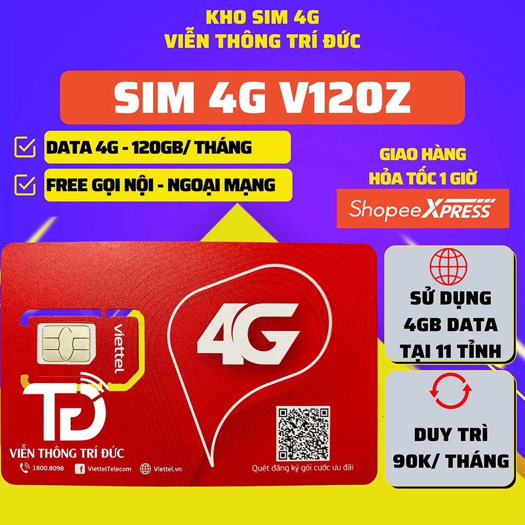 Sim 4G Viettel V120Z/V120N Data 120Gb,Gọi Miễn Phí, Sim Umax50N Không Giới Hạn Data, Phát Wifi Max băng thông, Free 12Th