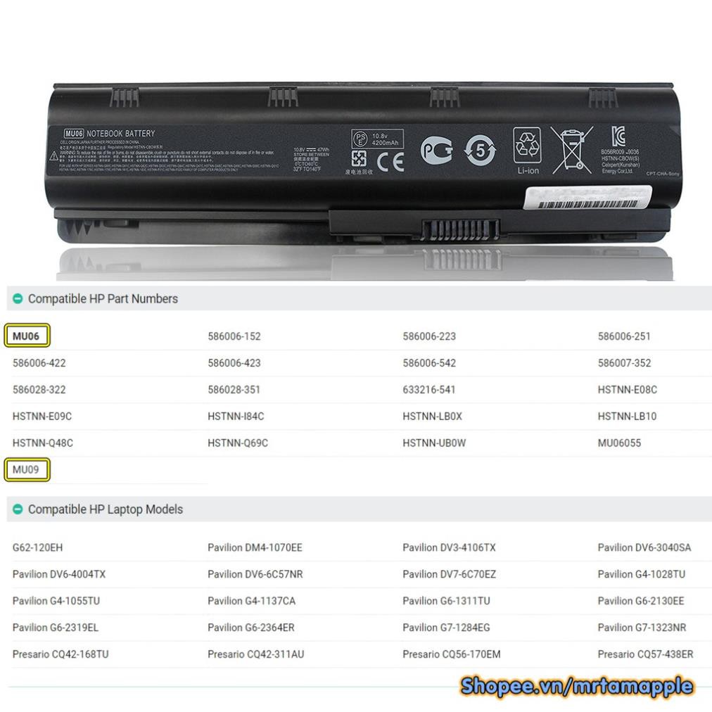 Pin Laptop HP CQ42 - 6 CELL (MU06, MU09) 👉 Compaq 430 431 435 450 630 CQ32 CQ42 CQ43 CQ45 DV3 DV5 DV6 DV7 HP 1000 2000