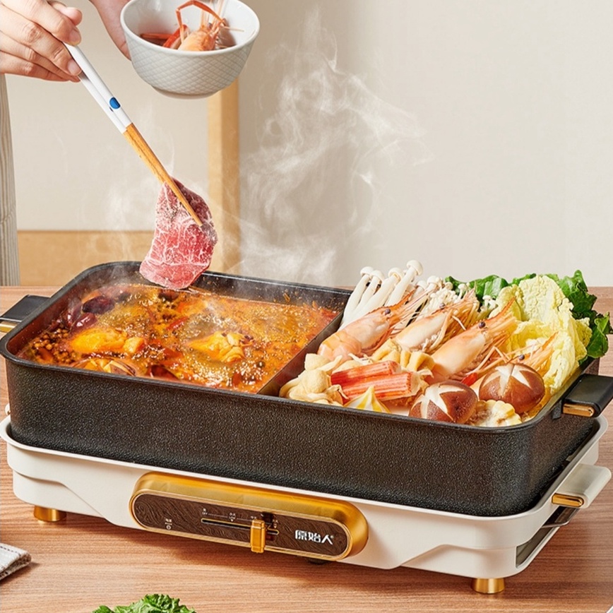 Bếp lẩu nướng, nồi lẩu nướng 3 in 1, 2 ngăn lẩu với chức năng vừa lẩu vừa nướng không khói