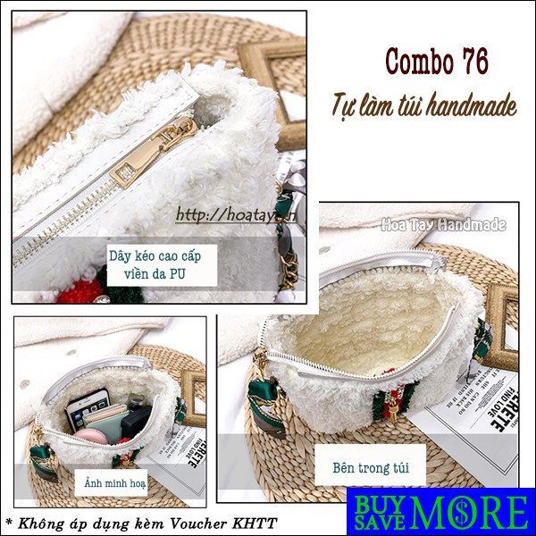 Combo 76 - Tự làm túi handmade kiểu túi vuông, dây đeo phối vải sang trọng, Bộ nguyên liệu đầy đủ.