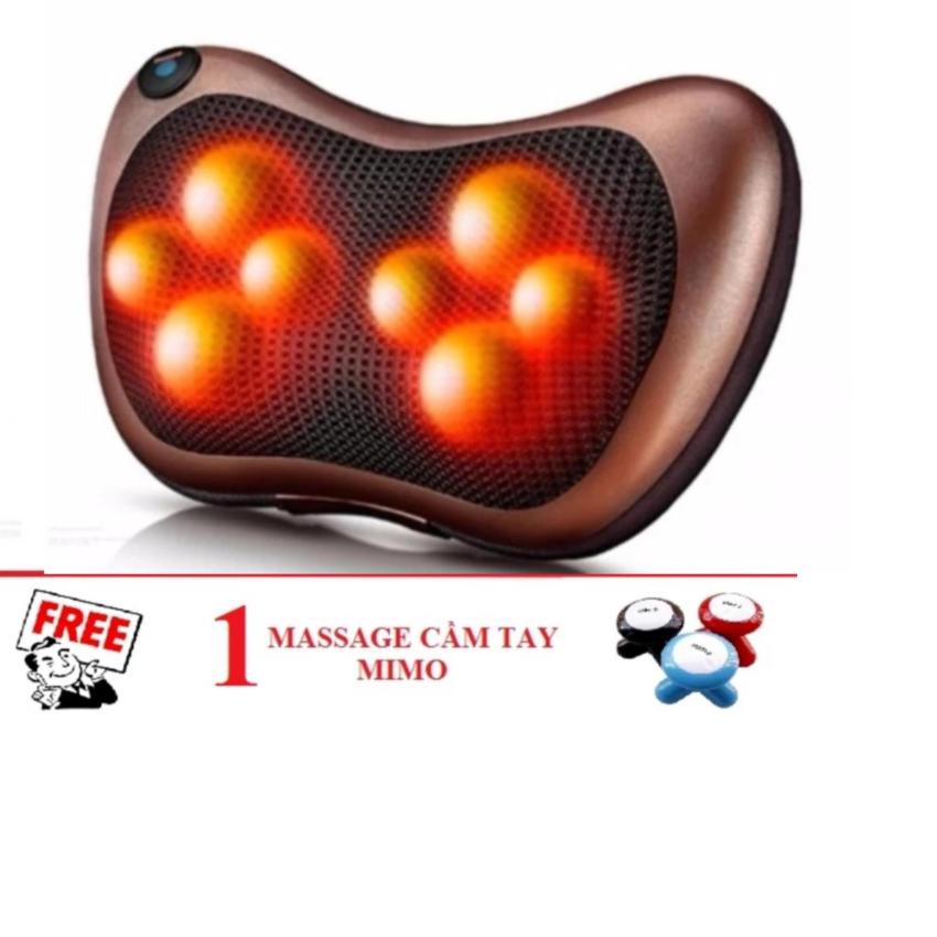 Gối Massage Hồng Ngoại 8 Bi đảo chiều (Nâu đỏ) + Tặng 1 máy massage cầm tay MIMO-BBVL
