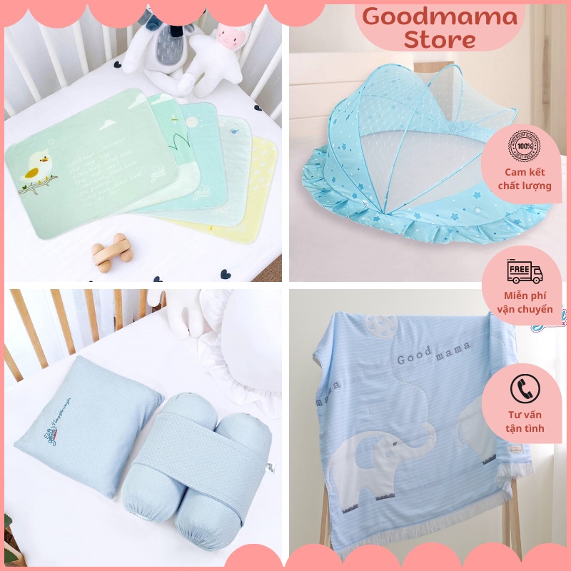 Combo 4 món đồ ngủ sơ sinh dành cho bé gái Goodmama: Màn chụp, bộ gối chặn, lót chống thấm, chăn sợi tre cotton