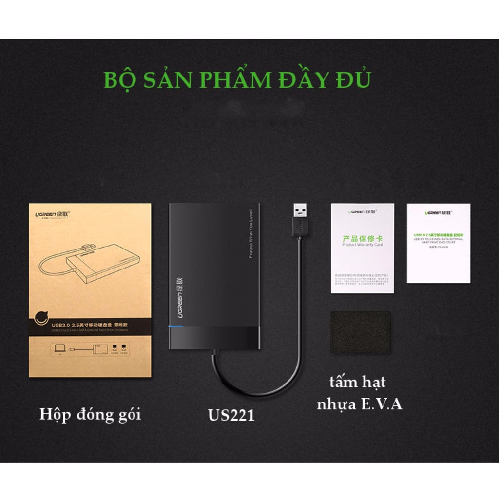 [Freeship] Box HDD 2.5inch SSD, HDD hỗ trợ 6TB, chuẩn SATA III, SATA II UGREEN US221 vỏ nhựa ABS cao cấp