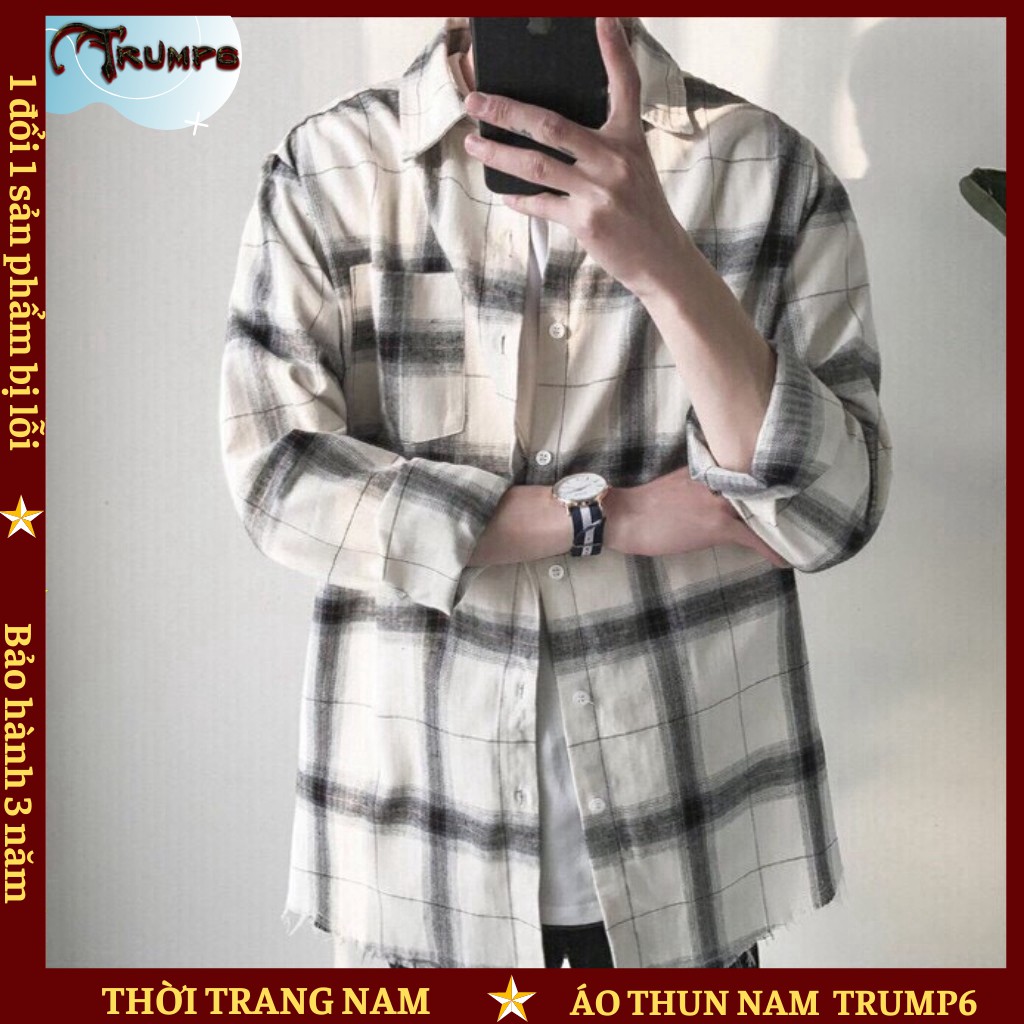 🌟DEAL SỐC🌟 Áo Khoác Sơ Mi Nam Unisex Phối Sọc Caro, Full 2 màu cơ bản (Đen, Trắng) TRUMP6