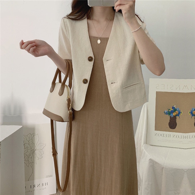 SUXI Áo Khoác Blazer Tay Ngắn Cổ Chữ V Màu Sắc Đơn Giản Phong Cách Hàn Quốc Cho Nữ