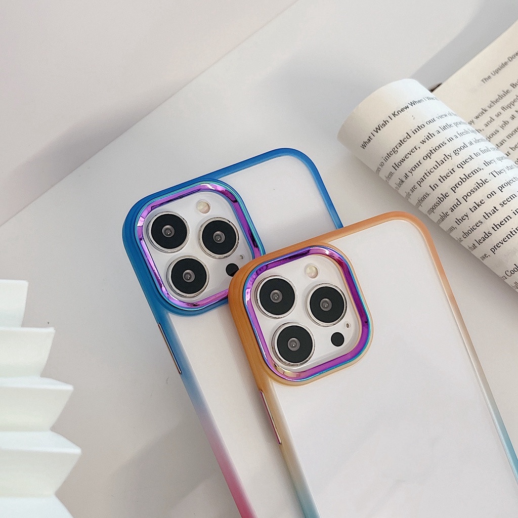 Ốp Điện Thoại Trong Suốt Màu Gradient Khung Kim Loại Cho iPhone 13 Pro Max 12 11 Pro Max