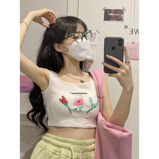 Áo thun sát nách croptop trắng thêu hoa
