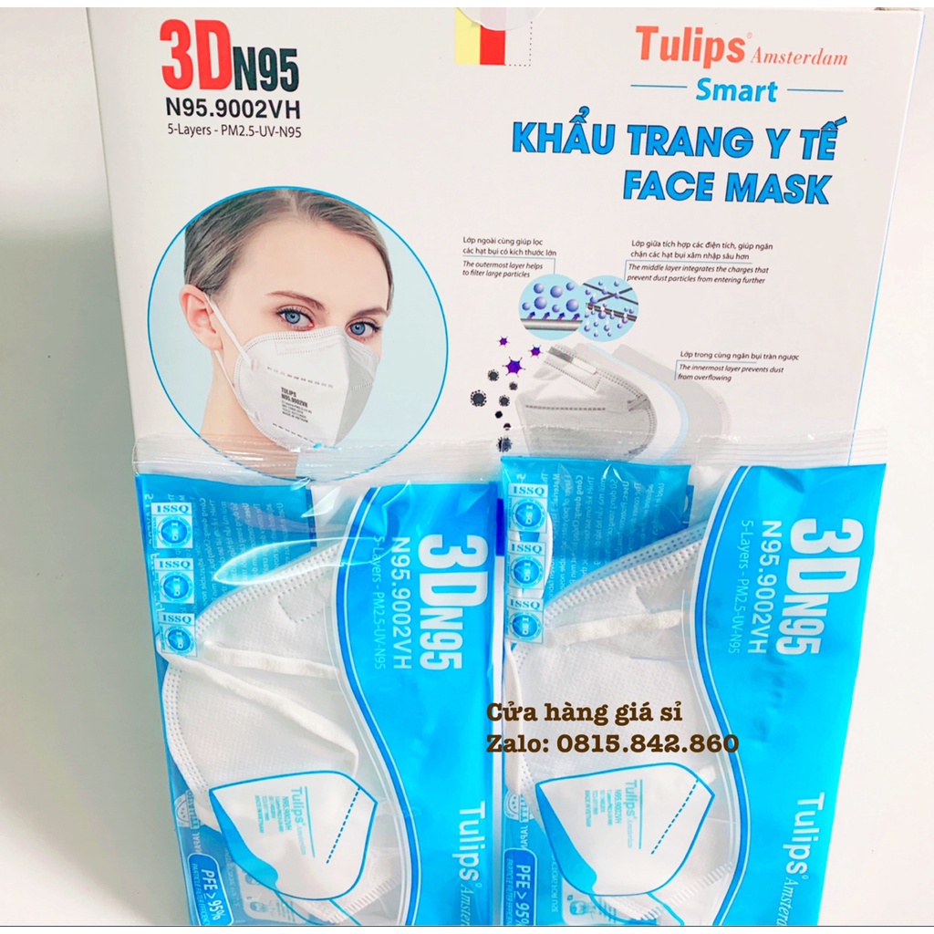 Hộp 30 Cái Khẩu Trang Tulips 3D N95 Lọc Bụi PM2.5 siêu Mịn - 9002VH Trắng