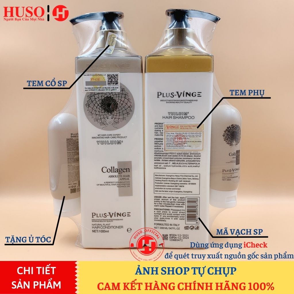 Dầu gội xả Biotin Collagen Vinge 1000ml làm dày, kích mọc tóc, phục hồi tóc hư tổn - HUSO