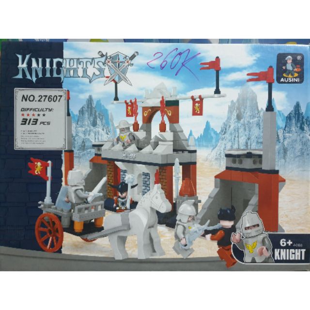Lego ausini 27607 knights lâu đài trung cổ xe ngựa kéo chiến đấu vương quốc bóng tối lắp ráp ghép hình thông minh