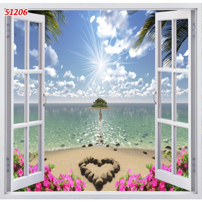 Tranh dán tường 3d cửa sổ thoáng mát tạo cảm giác thoải mái, tự nhiên