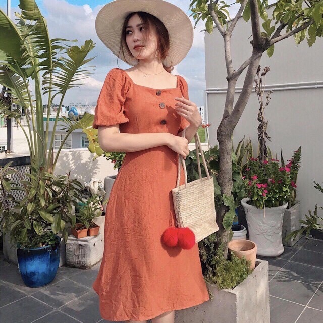 Đầm cổ vuông khuy trước màu cam size L &lt; 40-53kg&gt;