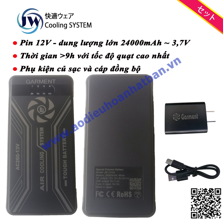 Bộ Phụ Kiện Của Hãng JW Nhật Bản,Pin 2400mah Siêu Mạnh,Quạt 9-12V, Có Đèn Pin Phát Sáng,Bảo Hành 1 Năm