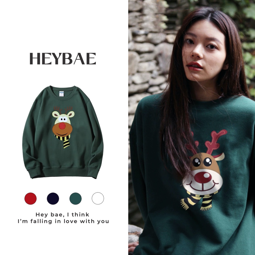 Áo sweater oversize Xmas HEYBAE vải nỉ ngoại dáng rộng hoạ tiết Giáng sinh có mũ dài tay nỉ dày dặn AK052