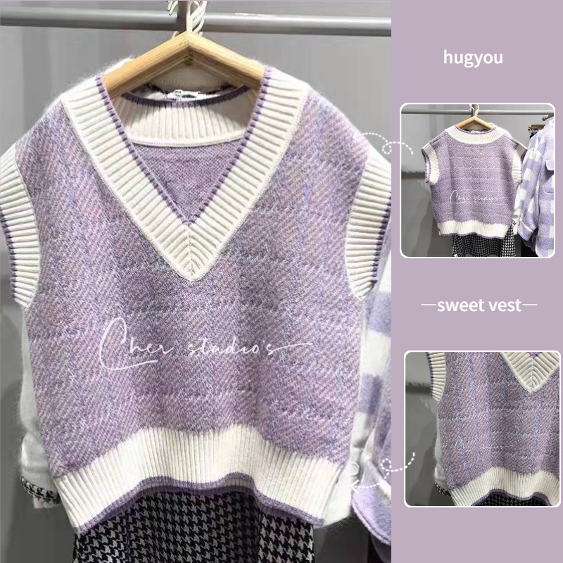 Áo dệt kim không tay cổ chữ V dáng ôm họa tiết sọc caro thời trang trẻ trung dành cho nữ