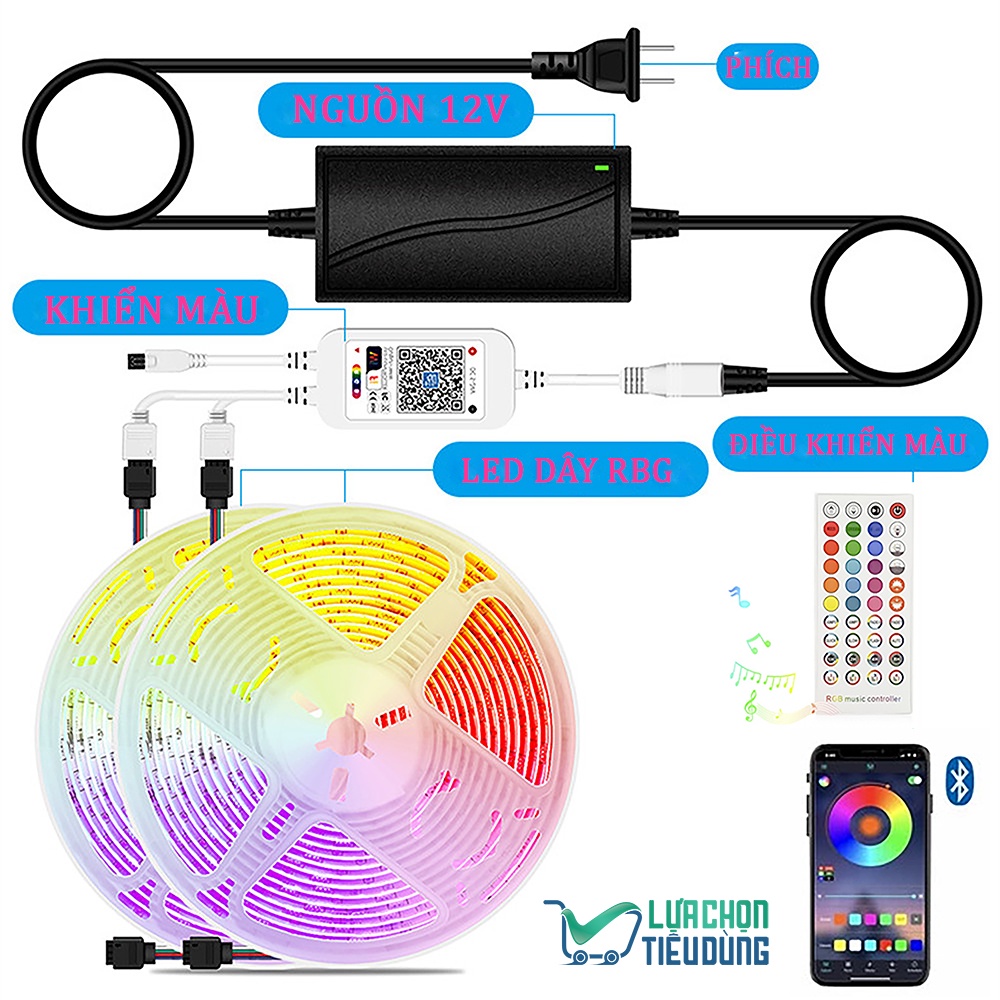 Bộ Dây đèn LED Tiktok 12V 5050 đổi màu RGB, Cảm biến nhạc, Điều khiển bằng App điện thoại qua Bluetooth, kèm nguồn 12V