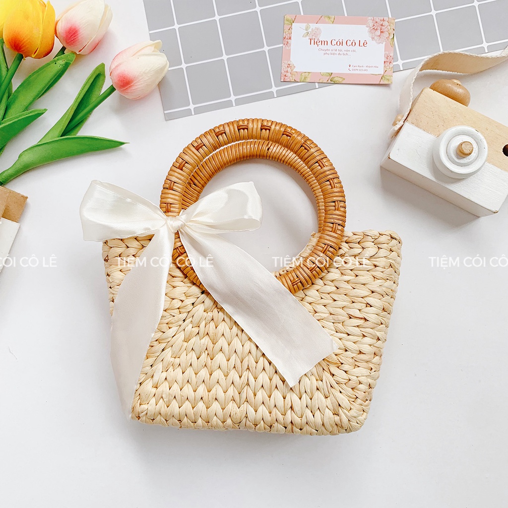Túi cói lục bình mắt na quai mây size mini 21cm phụ kiện đi biển, chụp ảnh - Tiệm Cói Cô Lê