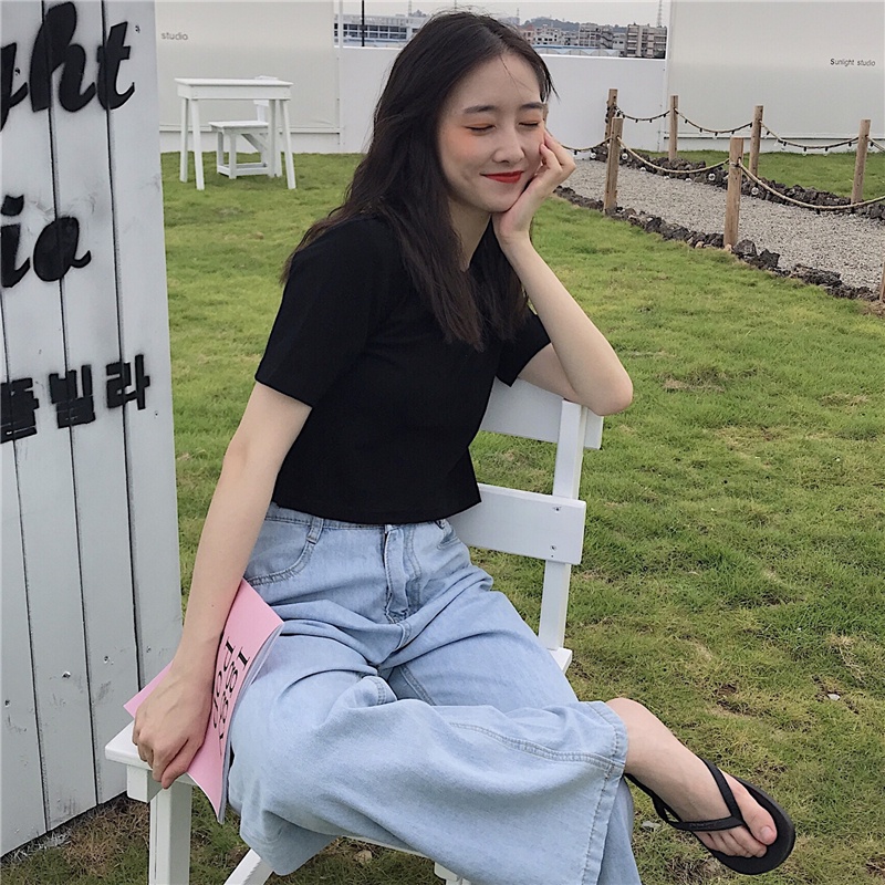 SUXI Áo Thun Tay Ngắn Cổ Tròn Màu Sắc Đơn Giản Dễ Phối Đồ Hợp Thời Trang Hè