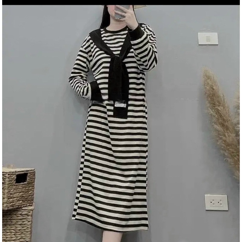 Đầm Thuỷ Thủ Kẻ Ngang Dáng Dài Chất Len Xốp Mặc Thu Đông Siêu Thích