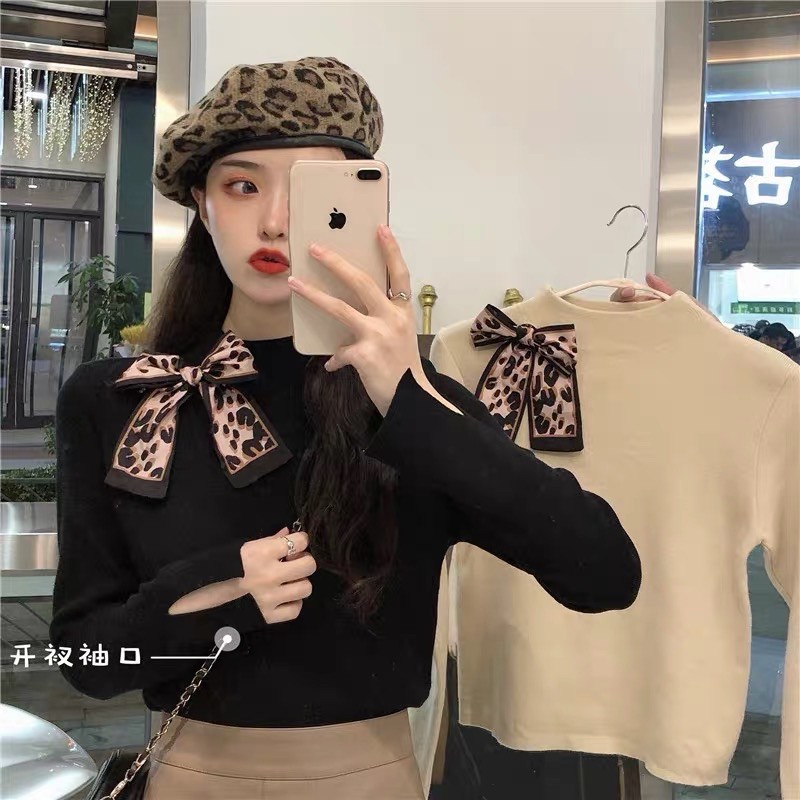 MS046 Áo len cổ 3p thắt nơ tay xẻ cá tính