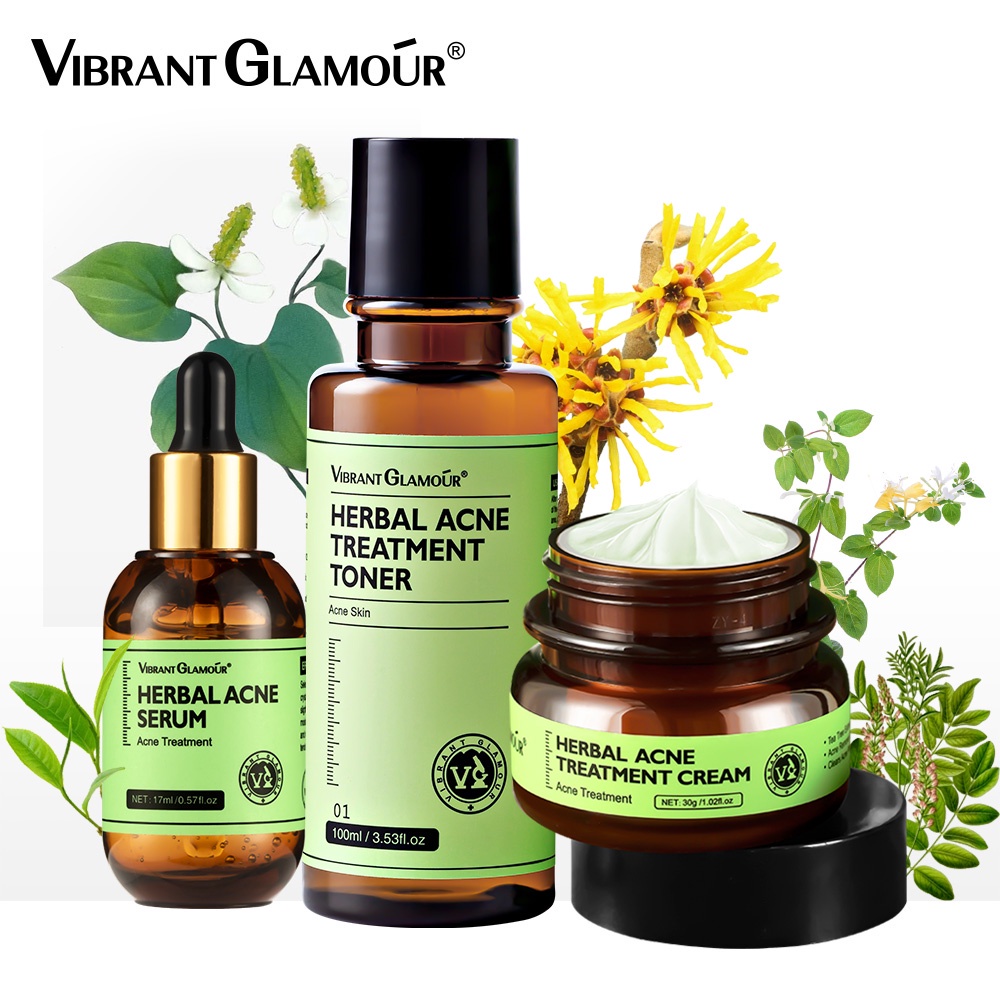 Bộ 3 sản phẩm VIBRANT GLAMOUR gồm kem thảo dược/ tinh chất loại bỏ mụn trứng cá/ nước hoa hồng làm sạch sâu trong da