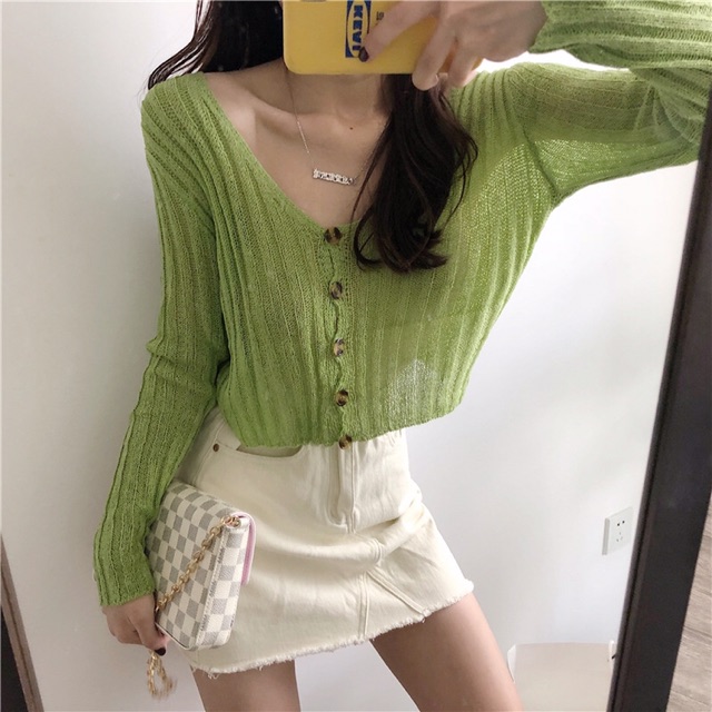 Áo len croptop dài tay cổ chữ V Ulzzang nữ - ảnh thật | BigBuy360 - bigbuy360.vn