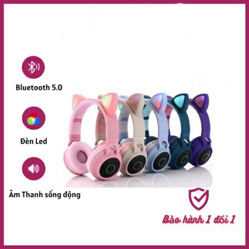 Tai Nghe Mèo Kết Nối Bluetooth Chụp Tai,Headphone Tai Mèo Dễ,Có Mic Đèn Led Màu Hồng Dễ Thương Pin Khủng Chống Ồn
