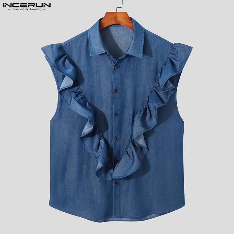 Áo sơ mi INCERUN không tay màu trơn cổ bẻ phối bèo thời trang cho nam