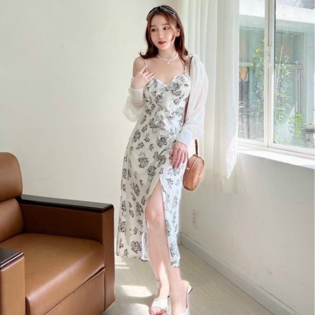 Set đầm váy 2 dây dáng xòe sẻ tà nhẹ kèm áo khoác voan tay dài tinh tế nữ tính dự tiệc dạo phố  XM MINH PHÚC