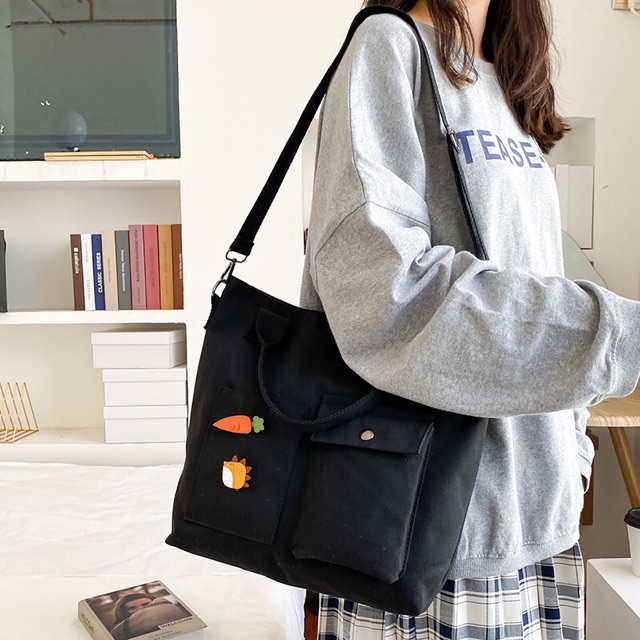 Túi tote vải canvas FREESHIP đeo chéo đeo vai ulzzang hàn quốc xinh xắn ( có kèm sticker )