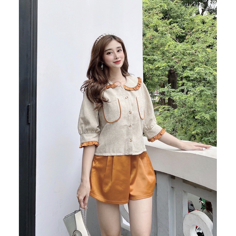 Set áo croptop phối viền kèm quần short ngắn xinh xắn dễ thương XUONGMAYHB | BigBuy360 - bigbuy360.vn