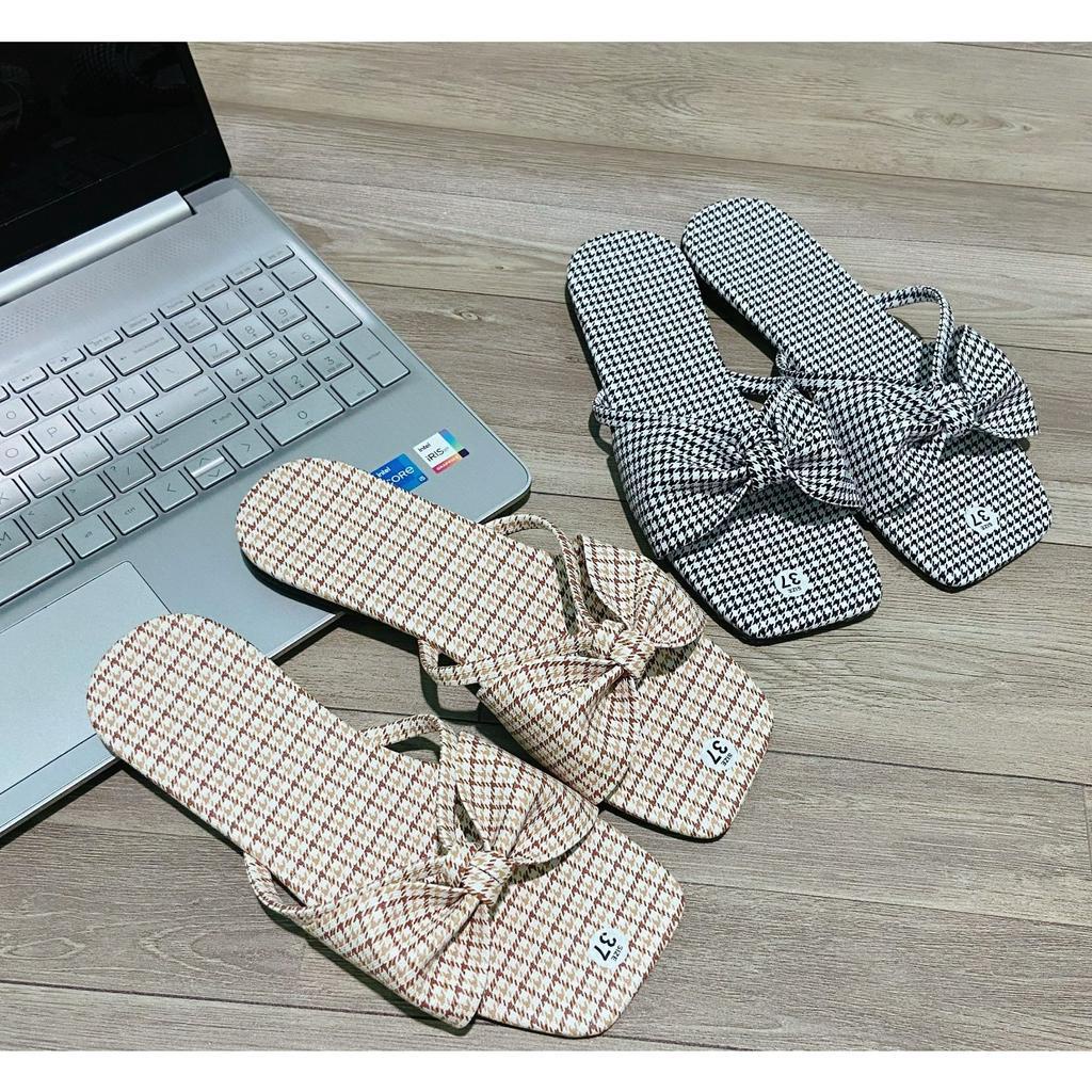 Dép nữ quai nơ caro mùa hè xinh xắn đế bệt