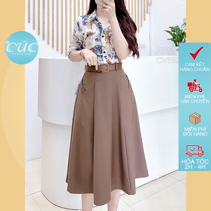 Chân váy CÚC FASHION cạp cao dáng dài cao cấp công sở Quảng Châu đầm xòe kèm đai phối rời CV680