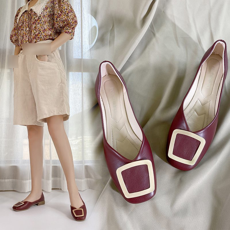 Giày Búp Bê Bệt Màu Đỏ Mũi Vuông Gót Thấp Thời Trang Dành Cho Nữ