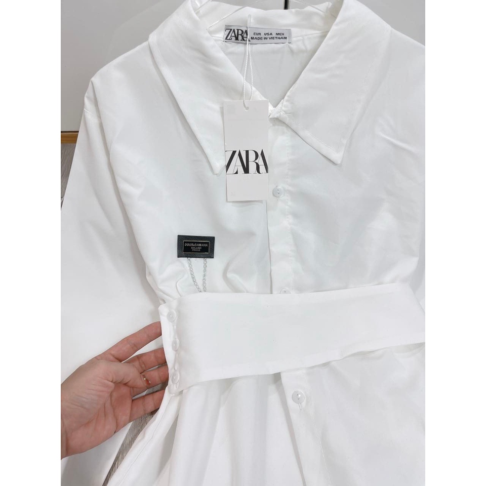 Áo Sơ Mi Nữ Dáng Dài Xòe ZARA Có Đai Eo Thời Trang Phong Cách Hàn Quốc