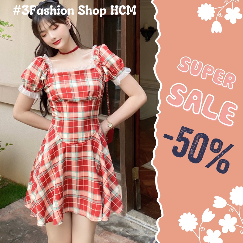 Đầm Caro Đỏ Cổ Vuông Tay Phồng Vải Cao Cấp Mềm Mát Phong Cách Retro Thời Trang Pháp - D08