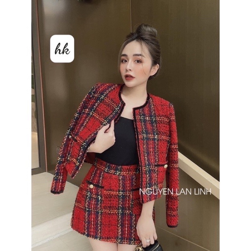 Set Dạ Đỏ kẻ caro viền nhung