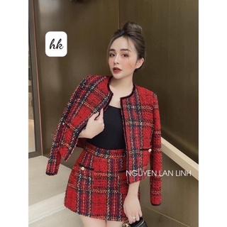 Set Dạ Đỏ kẻ caro viền nhung
